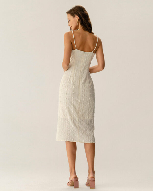 Beige Textured Beaded Slip Midi Dress - Image 4
