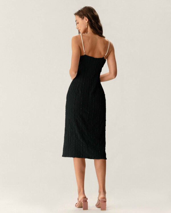 Black Textured Beaded Strap Midi Dress - Image 9