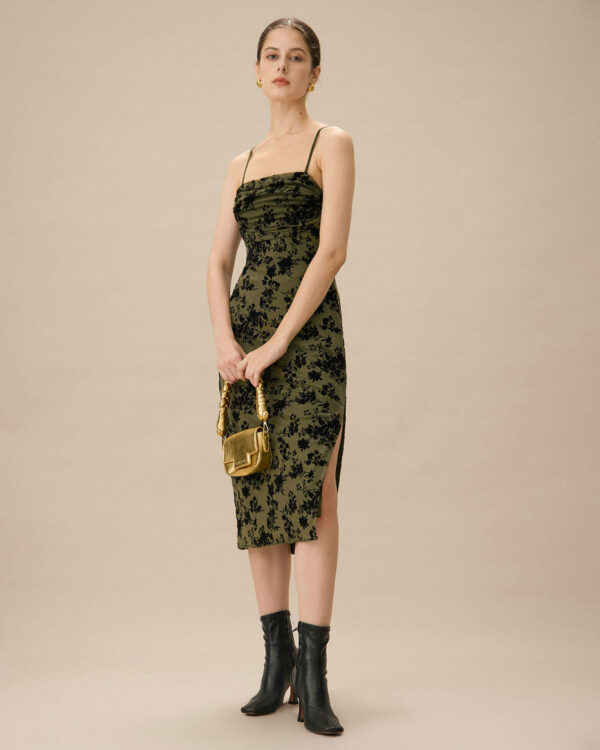 Green Jacquard Ruched Slit Midi Dress - Image 3