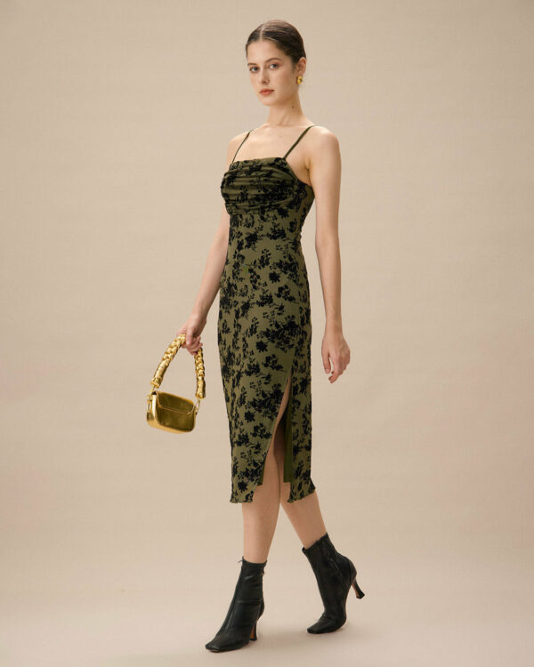 Green Jacquard Ruched Slit Midi Dress - Image 4