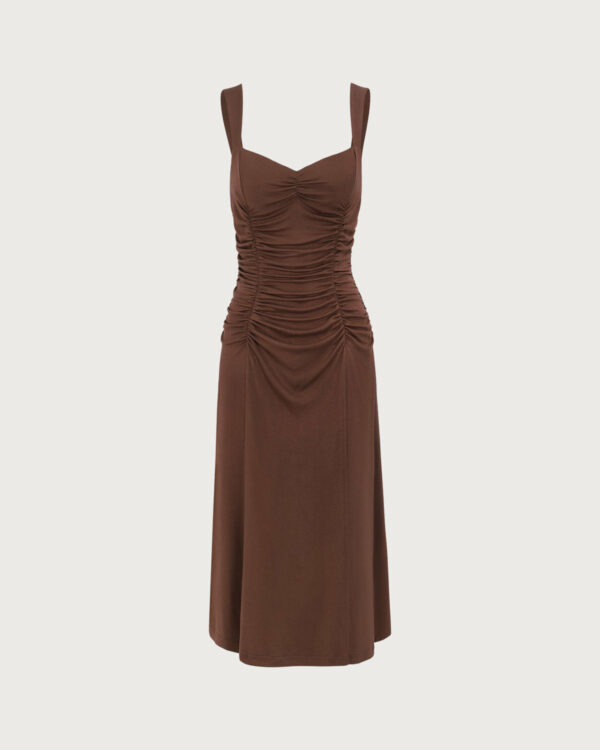Women's Coffee Ruched Knitted Slip Midi Dress - Image 5