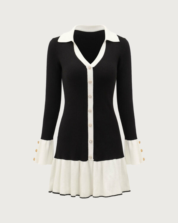 Black Contrasting Bell Sleeve Sweater Dress - Image 5