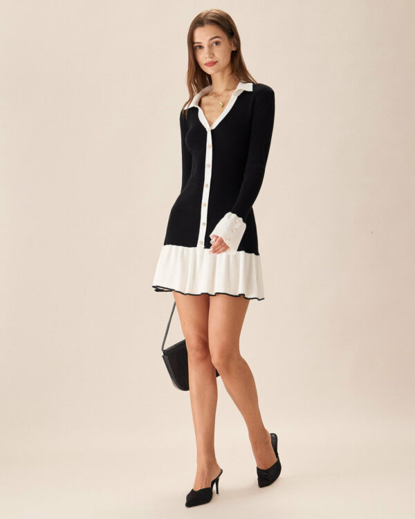 Black Contrasting Bell Sleeve Sweater Dress - Image 3