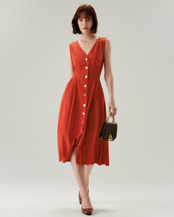 Red V-neck Button Sleeveless Midi Dress - Image 3