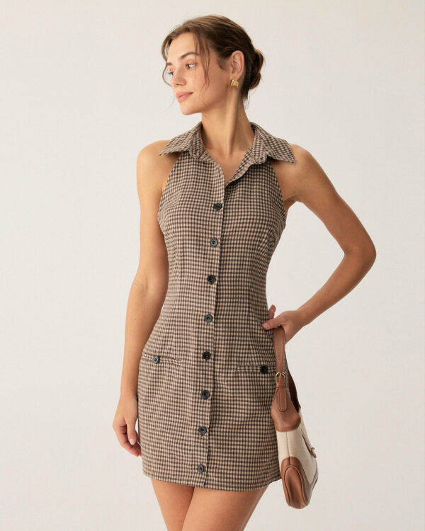 Brown Plaid Button Sleeveless Mini Dress - Image 4