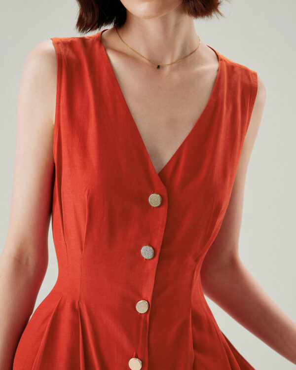 Red V-neck Button Sleeveless Midi Dress - Image 2