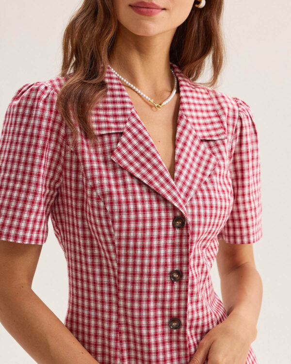 Red Plaid Pocket Button Mini Dress - Image 2