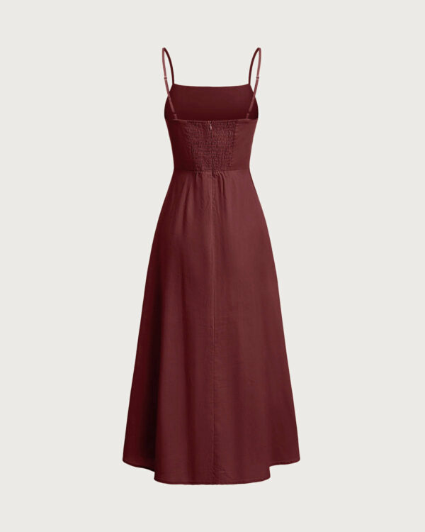 Wine Red Square Neck Shirred Slip Midi Dress - Image 7