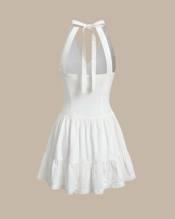 White V Neck Pleated Backless Mini Dress - Image 7