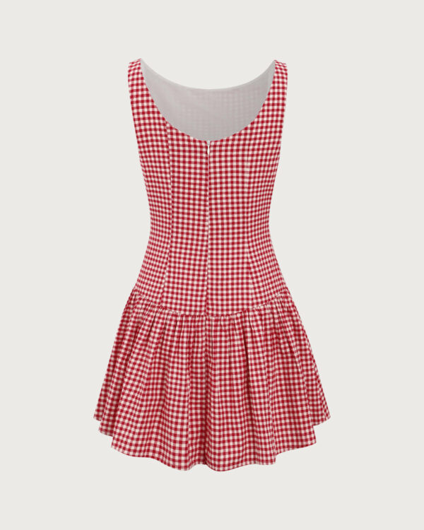 Red Plaid Boat Neck Mini Dress - Image 7
