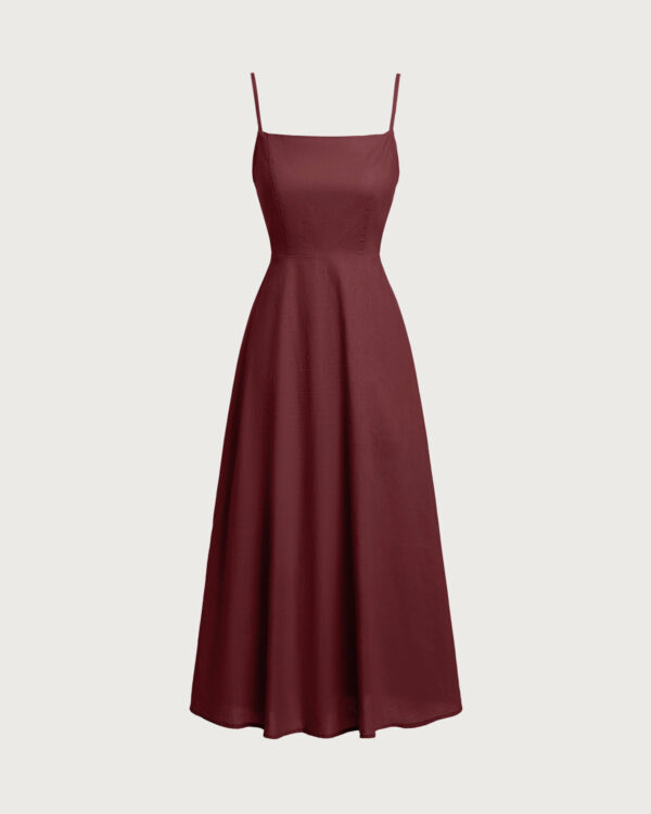 Wine Red Square Neck Shirred Slip Midi Dress - Image 6