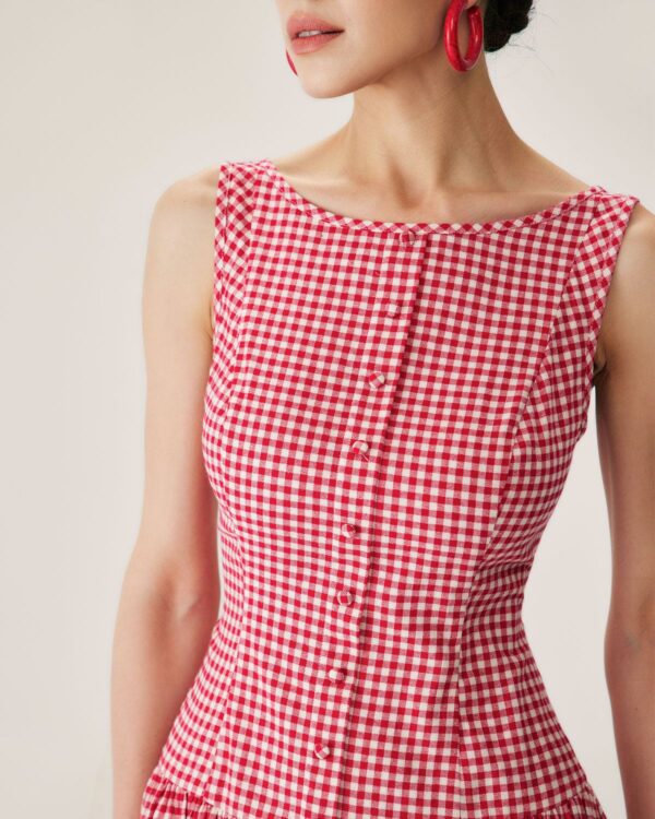 Red Plaid Boat Neck Mini Dress - Image 2