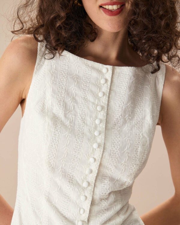 Women's White Boat Neck Jacquard Cotton Mini Dress - Image 2