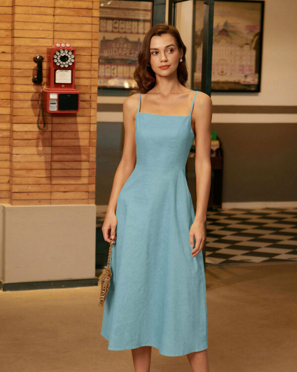 Blue Square Neck Shirred Slip Midi Dress - Image 2