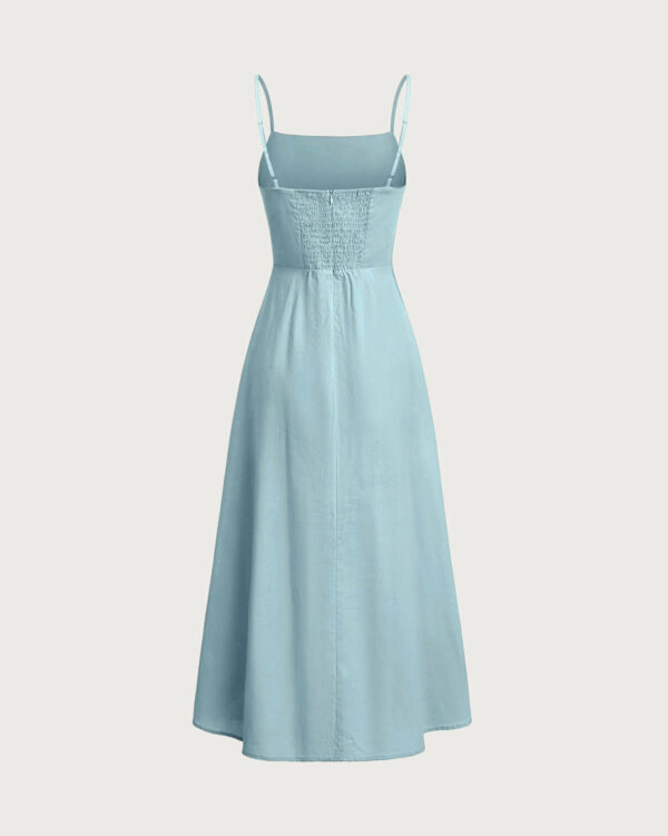 Blue Square Neck Shirred Slip Midi Dress - Image 7