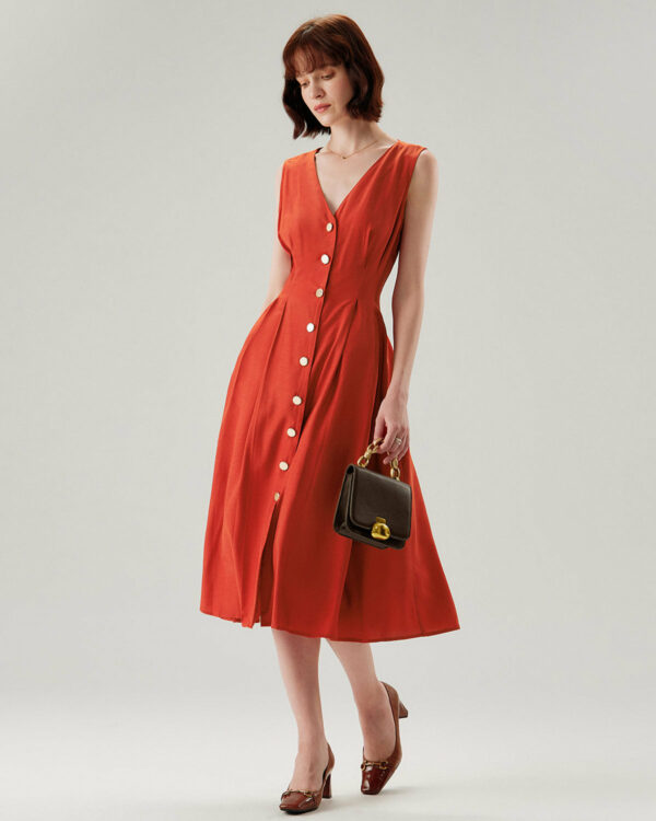 Red V-neck Button Sleeveless Midi Dress - Image 4