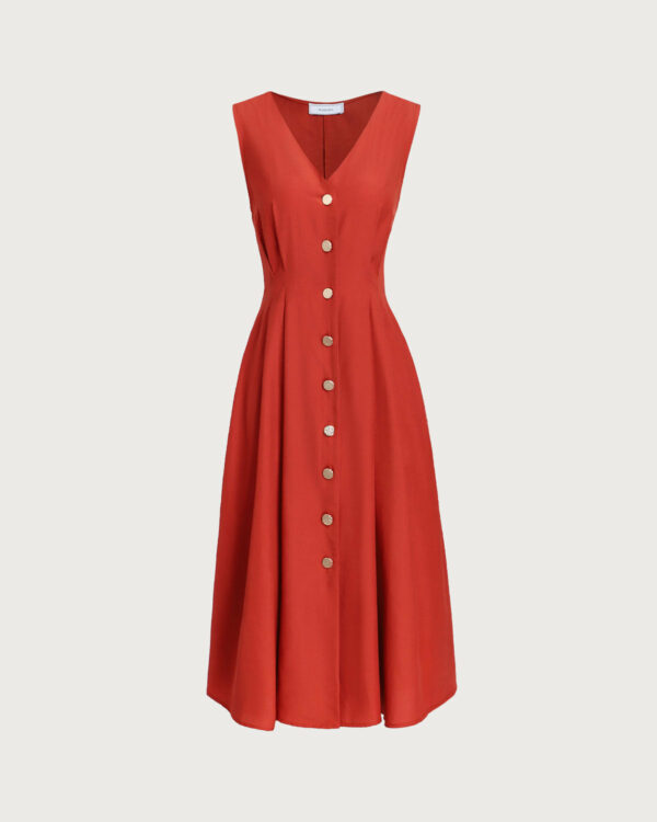 Red V-neck Button Sleeveless Midi Dress - Image 6