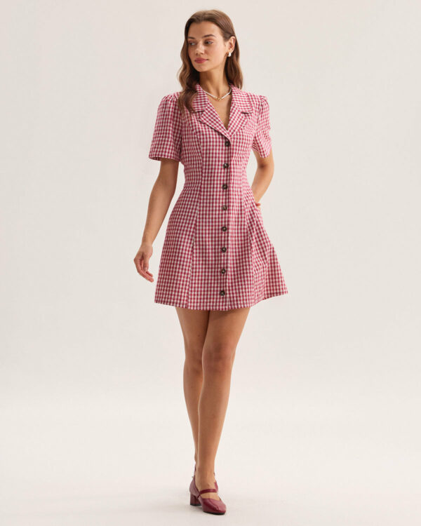 Red Plaid Pocket Button Mini Dress - Image 4