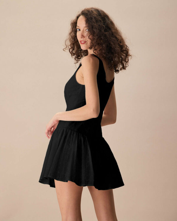 Women's Black Boat Neck Jacquard Cotton Mini Dress - Image 2