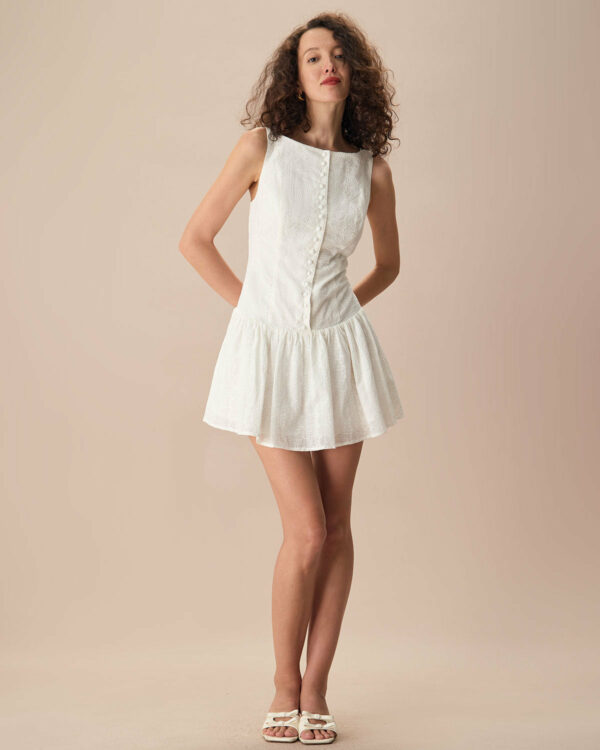 Women's White Boat Neck Jacquard Cotton Mini Dress - Image 4