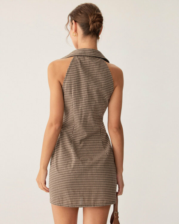 Brown Plaid Button Sleeveless Mini Dress - Image 8