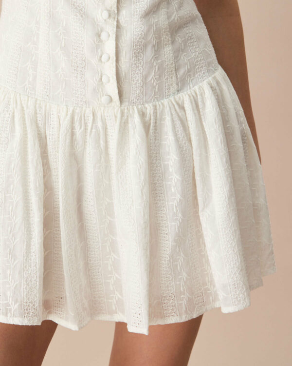 Women's White Boat Neck Jacquard Cotton Mini Dress - Image 3