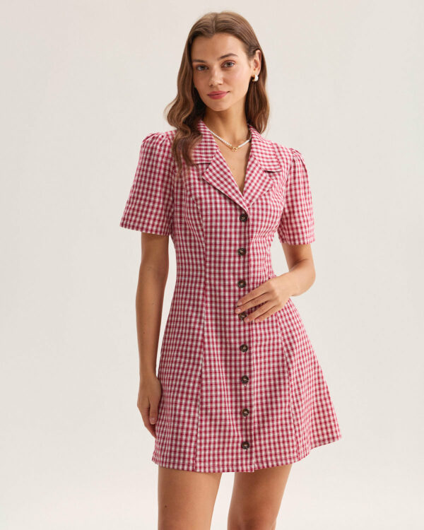 Red Plaid Pocket Button Mini Dress