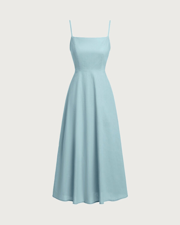 Blue Square Neck Shirred Slip Midi Dress - Image 6