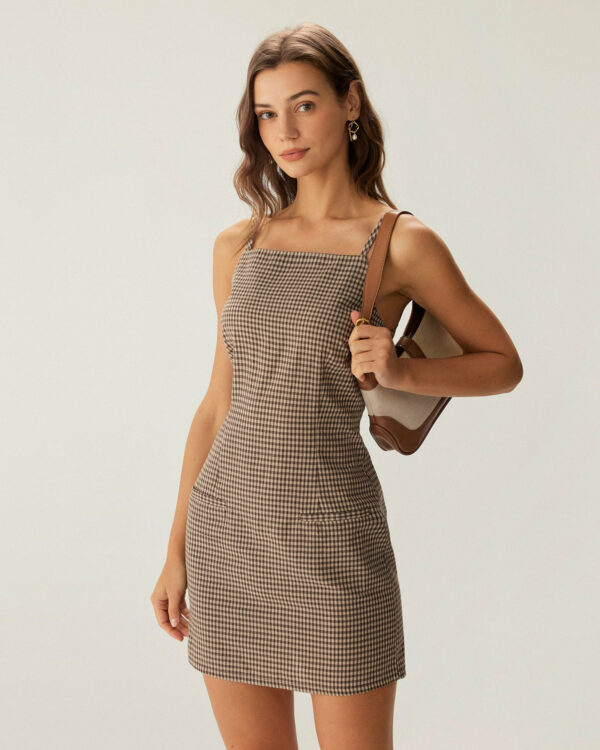 Brown Plaid Slip Mini Dress - Image 3