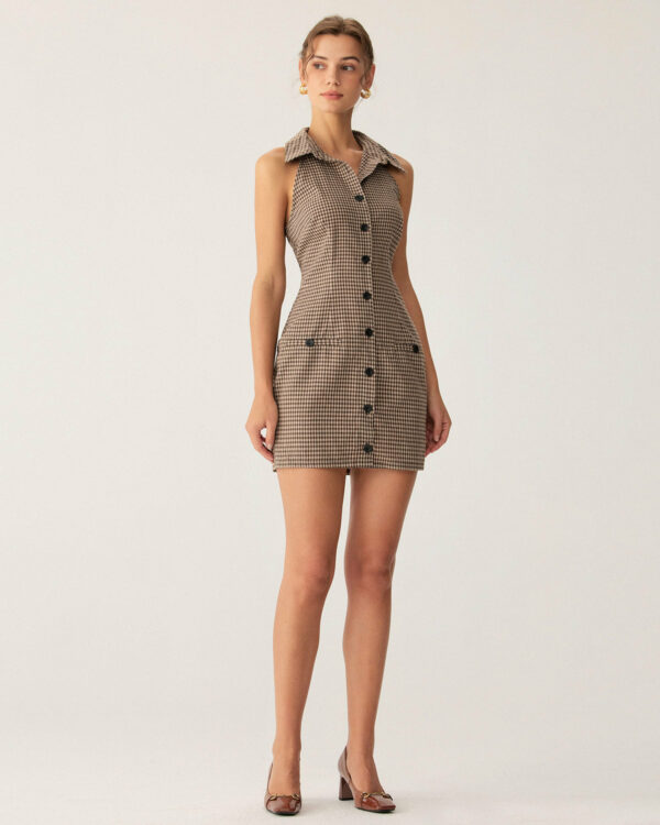 Brown Plaid Button Sleeveless Mini Dress - Image 7