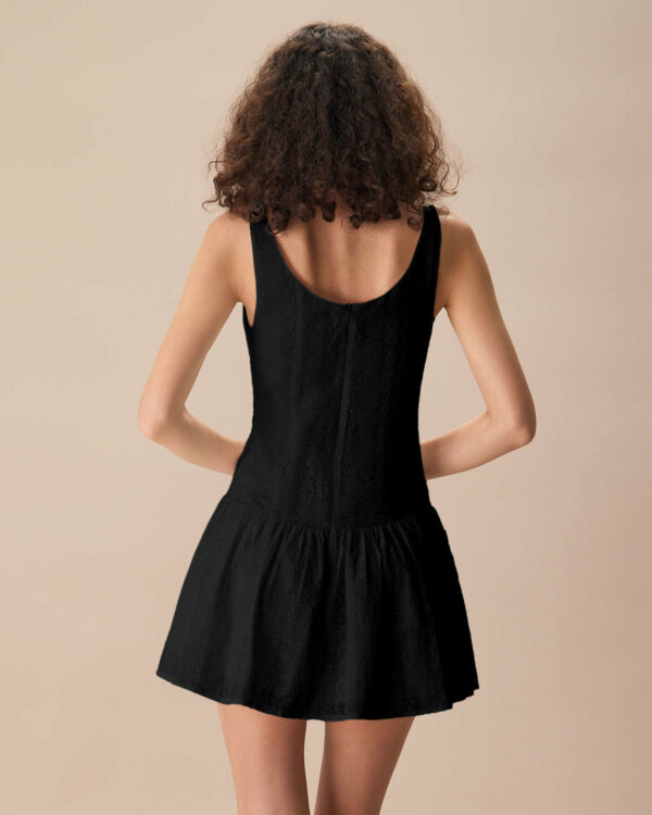 Women's Black Boat Neck Jacquard Cotton Mini Dress - Image 4