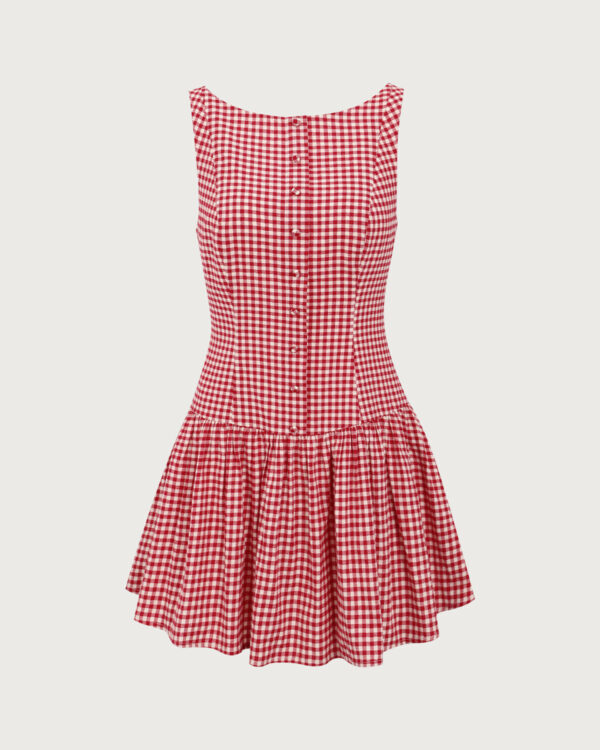 Red Plaid Boat Neck Mini Dress - Image 6