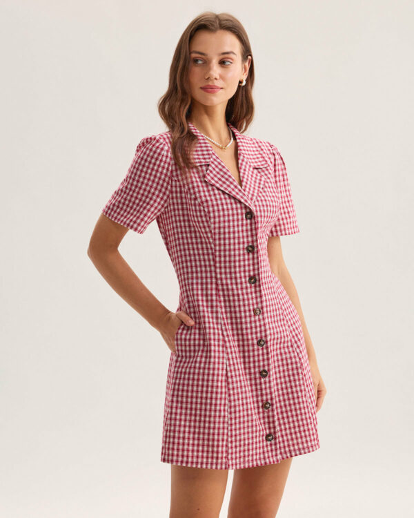 Red Plaid Pocket Button Mini Dress - Image 3