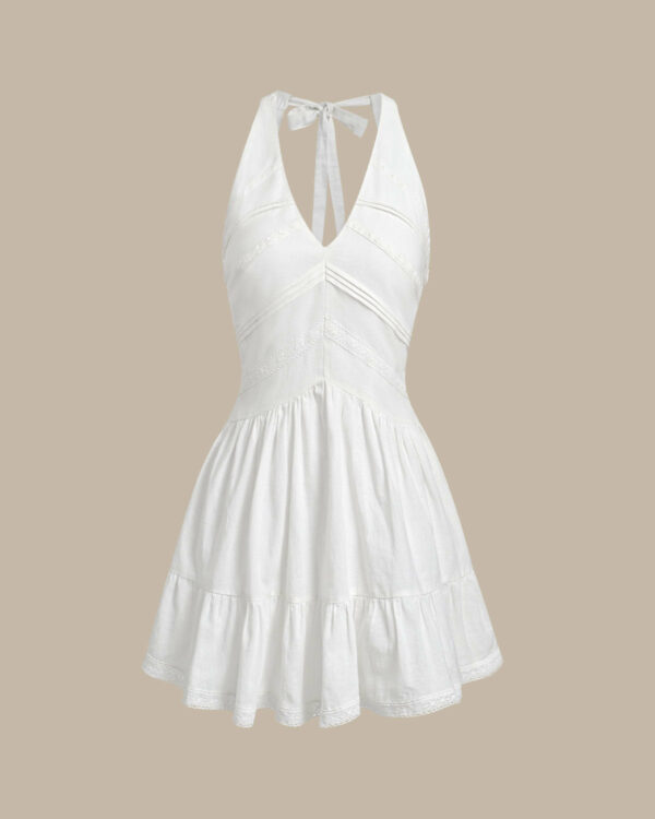 White V Neck Pleated Backless Mini Dress - Image 6