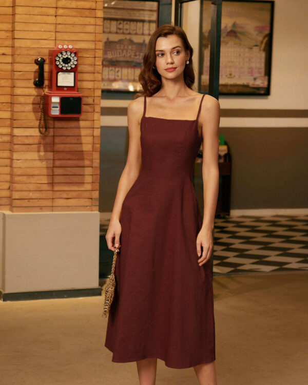 Wine Red Square Neck Shirred Slip Midi Dress