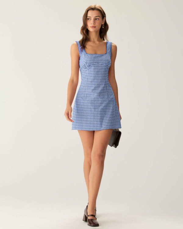 Blue Plaid Square Neck Slip Mini Dress - Image 4