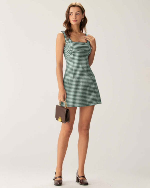 Green Plaid Square Neck Slip Mini Dress - Image 3