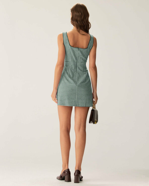 Green Plaid Square Neck Slip Mini Dress - Image 4