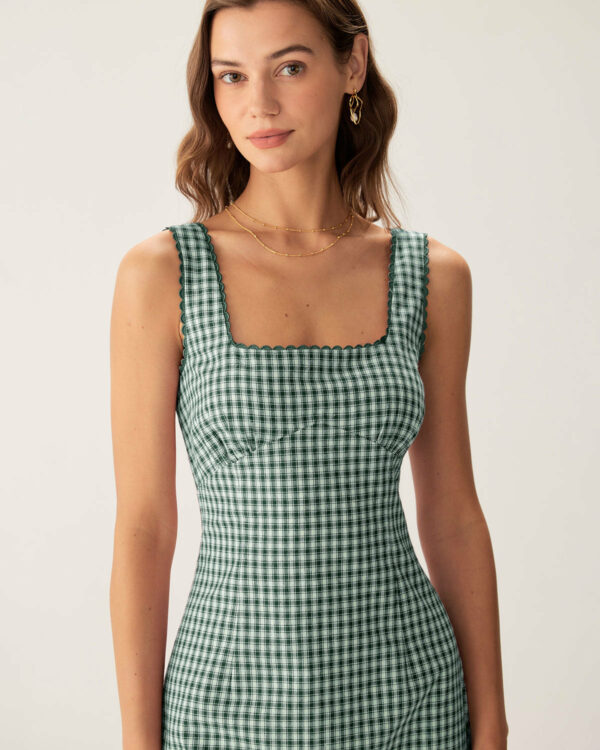 Green Plaid Square Neck Slip Mini Dress - Image 2