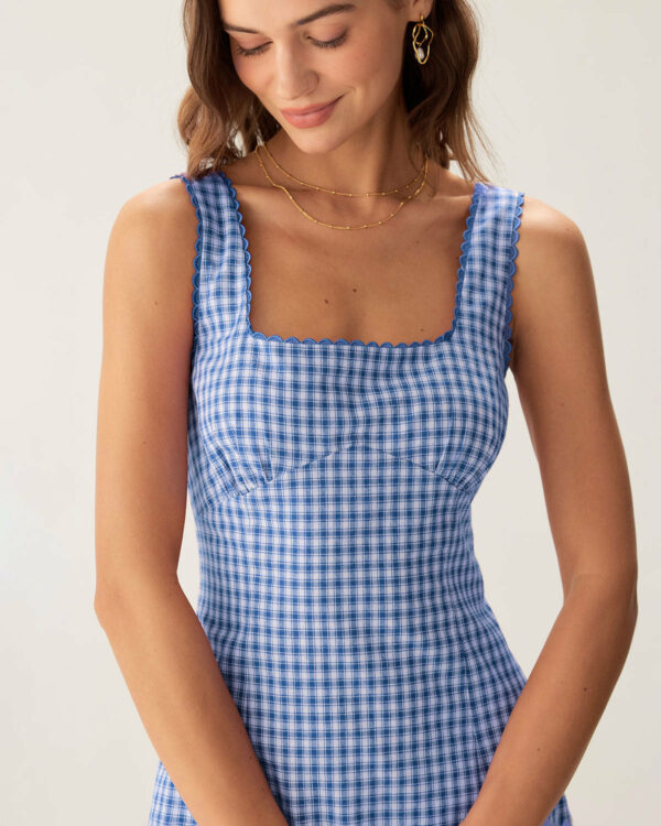 Blue Plaid Square Neck Slip Mini Dress - Image 2
