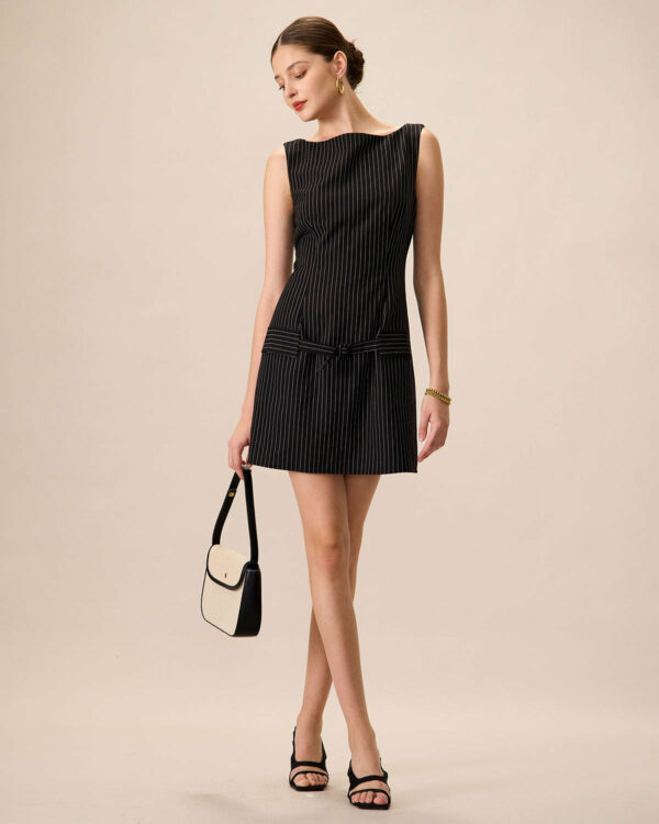Women's Black Boat Neck Striped Mini Dress - Image 4