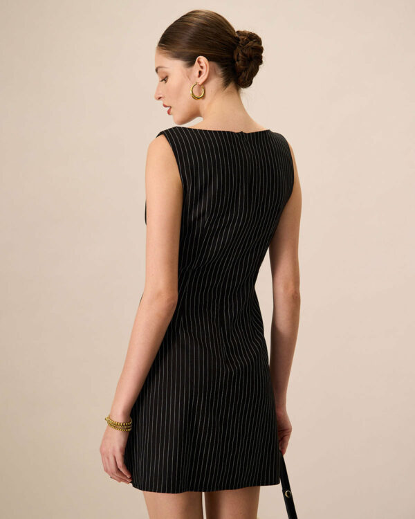 Women's Black Boat Neck Striped Mini Dress - Image 3