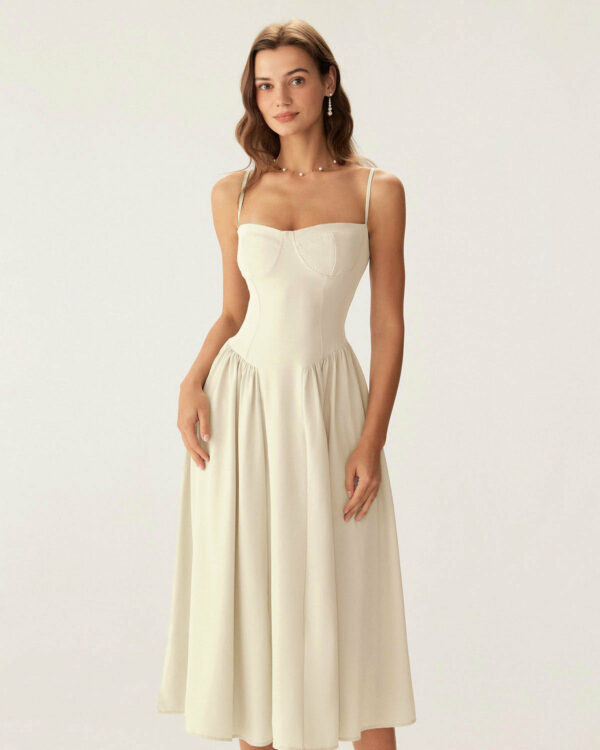 Beige Square Neck Pocket Slip Midi Dress
