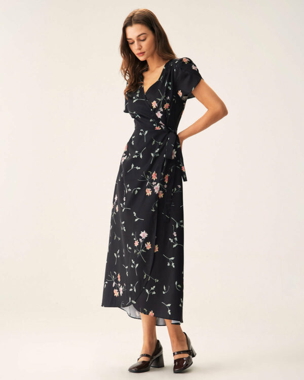 Black Floral Wrap Maxi Dress - Image 4