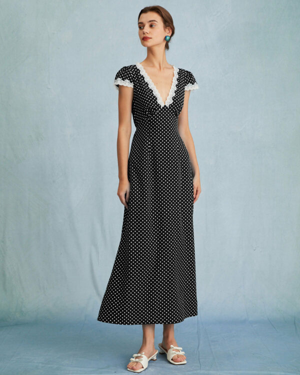 Black Polka Dot Lace Trim Maxi Dress
