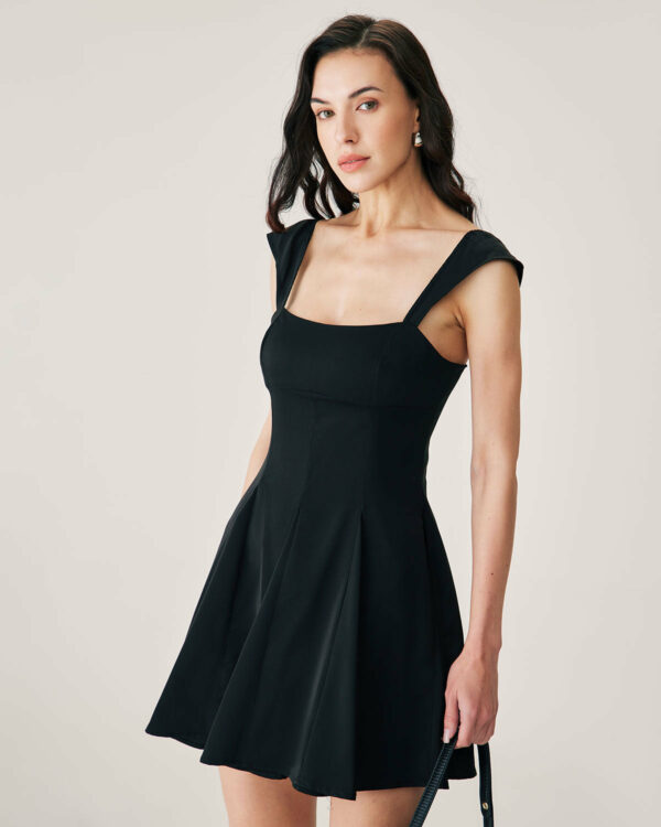 Black Square Neck Pleated Mini Dress - Image 2