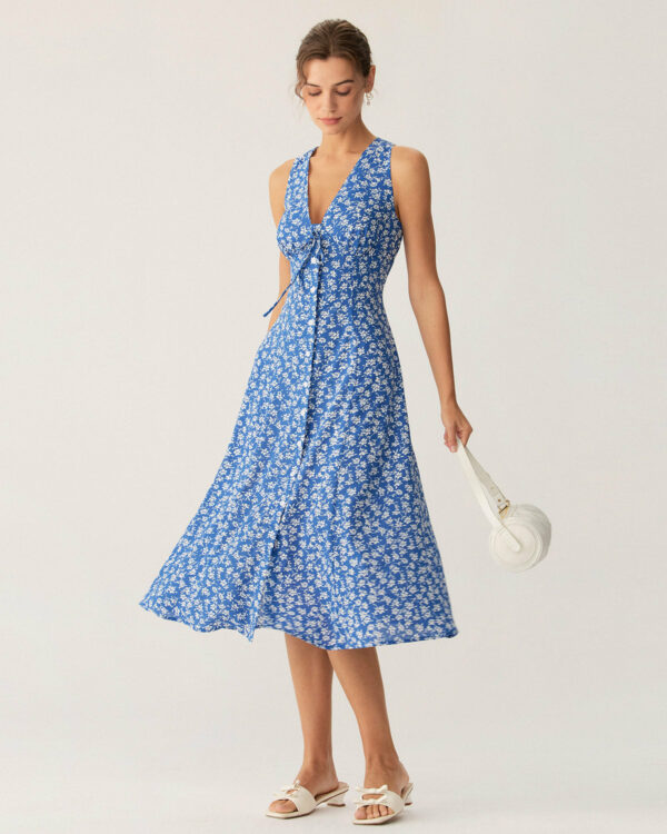 Blue Floral V Neck Sleeveless Midi Dress - Image 4