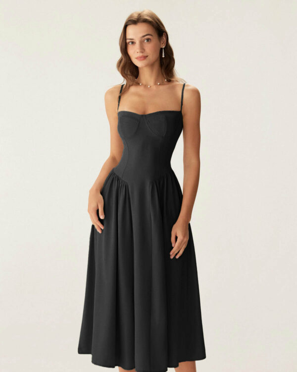 Black Square Neck Pocket Slip Midi Dress - Image 3