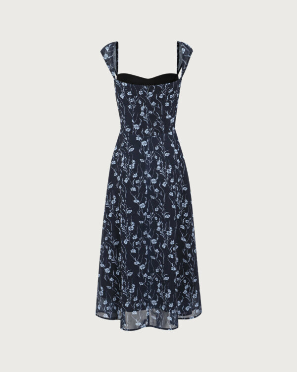 Navy Floral Neck Midi Dress - Image 6