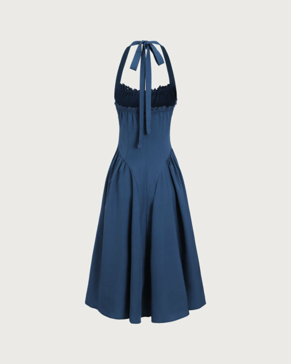 Navy Ruched Halter Midi Dress - Image 8